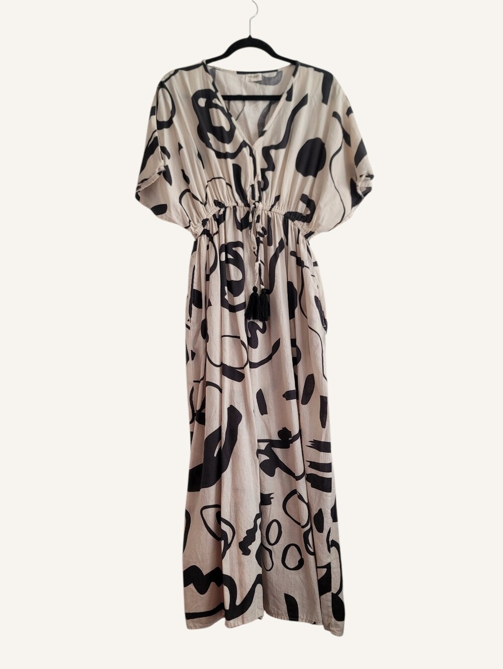 World Market L/XL Mira Kaftan Maxi Dress Abstract Beach Linen Cotton Cover Up - Picture 2 of 10